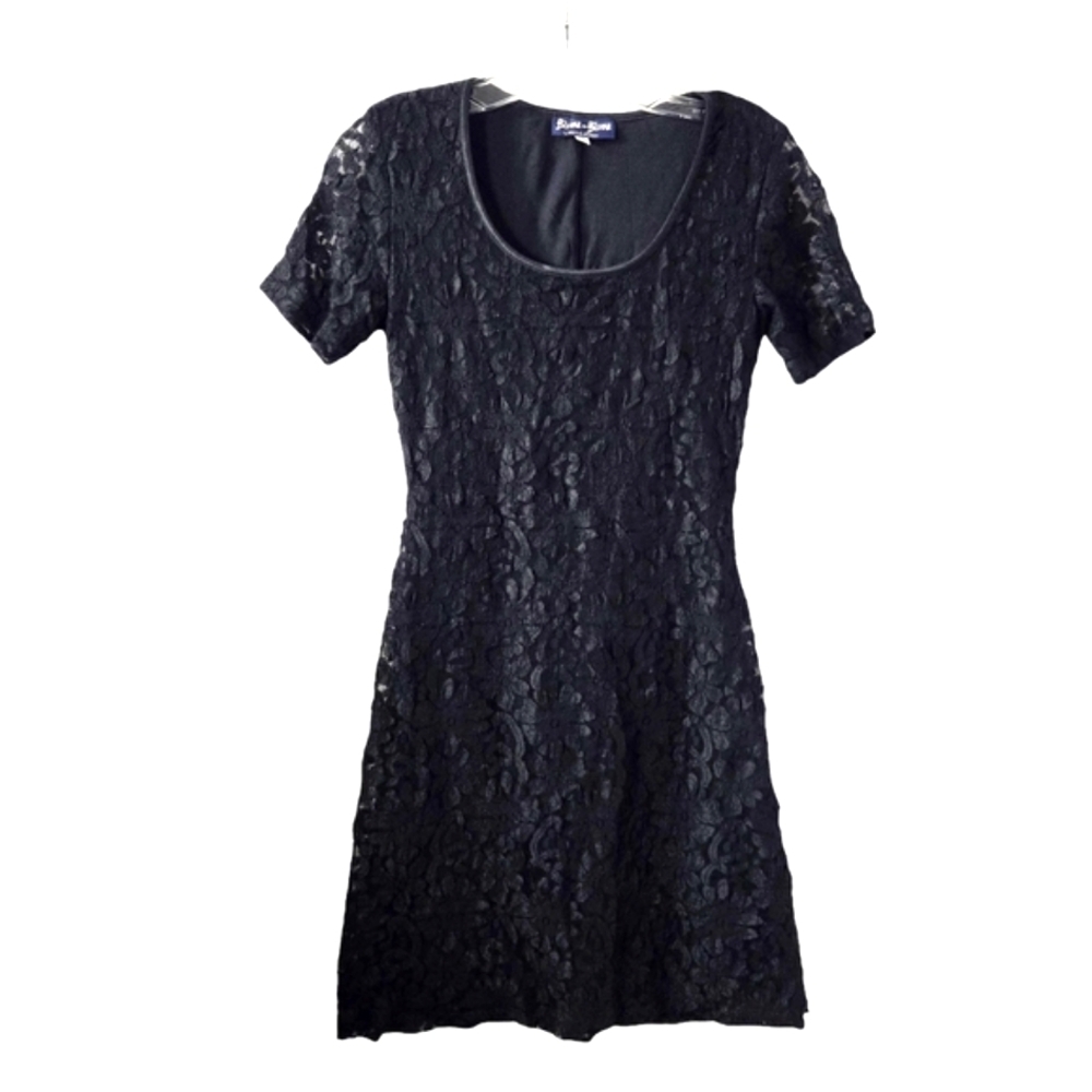 Vintage Bisou Bisou Lace Short-Sleeve Black Mini Dress Made USA